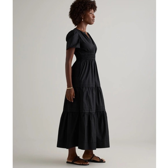 NEW Quince Organic Cotton Poplin Smocked Tiered Maxi Dress Black Puff Sleeve - Picture 2 of 13